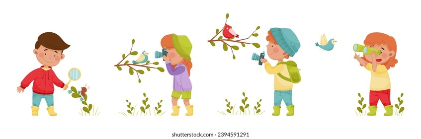 Cute Kids Exploring Nature with Flora and Fauna Vector Set