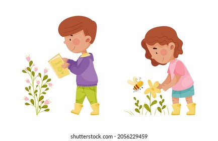Cute kids exploring plants and insects in forest or park set cartoon vector illustration