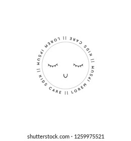 Cute kid's face with closed eyes. Hand drawn vector circle logo template. Element for children related business branding and identity. Black on white isolated symbol.