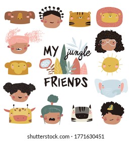 Cute kids faces and jungle animals on a white background