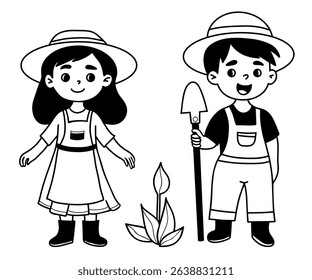 Cute Kids farmer in hats. Gardening girl and boy with garden tool Shovel. Isolated hand drawing Doodle. Vector illustration