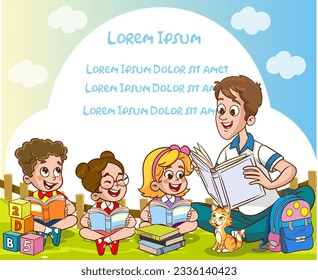 cute kids and father reading together.Teacher reading books to children.