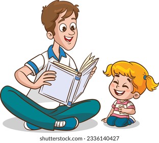 cute kids and father reading together.Teacher reading books to children.