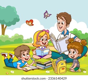 cute kids and father reading together.Teacher reading books to children.