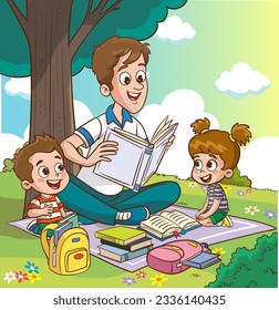 cute kids and father reading together.Teacher reading books to children.