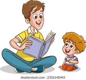 cute kids and father reading together.Teacher reading books to children.