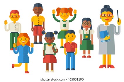 Cute Kids and Female Teacher Characters Isolated on White Background. Vector Illustration. Back to School Set.