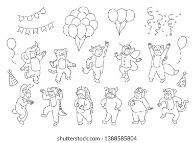 Cute kids in festive animal suits with hot air balloons, party cone hats and flags isolated on white background. Vector illustration of hand drawn line design element of children holiday.