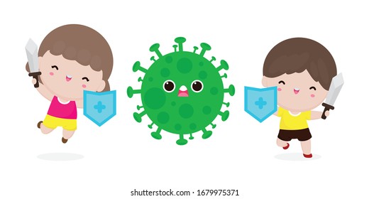 Cute kids fight with coronavirus (2019-nCoV), cartoon character children attack COVID-19 ,people and Protection Against Viruses and Bacteria, Healthy lifestyle concept isolated on white background