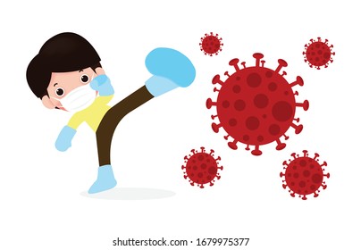 Cute kids fight with coronavirus (2019-nCoV), cartoon character children attack COVID-19 ,people and Protection Against Viruses and Bacteria, Healthy lifestyle concept isolated on white background