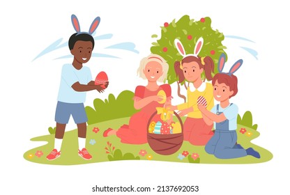 Cute kids find hidden Easter eggs with patterns vector illustration. Cartoon adorable children wear bunny ears, funny little boys and girls gathering on spring meadow. Celebration, game concept