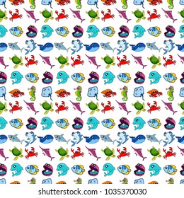 Cute kids fish pattern for girls and boys. Colorful fish on the abstract background create a fun cartoon drawing. The fish pattern is made in pastel colors. Urban pattern for textile and fabric.