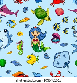 Cute kids fish pattern for girls and boys. Colorful fish on the abstract background create a fun cartoon drawing. The fish pattern is made in pastel colors. Urban pattern for textile and fabric.