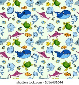 Cute kids fish pattern for girls and boys. Colorful fish on the abstract background create a fun cartoon drawing. The fish pattern is made in pastel colors. Urban pattern for textile and fabric.