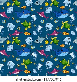 Cute kids fish pattern for girls and boys. Colorful fish on the abstract background create a fun cartoon drawing. The fish pattern is made in pastel colors. Urban pattern for textile and fabric.