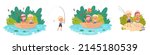 Cute kids fishing in river, pond or lake set vector illustration. Cartoon summer camp adventure of children, happy boy and girl sitting in boat and playing, scouts camping in nature isolated on white