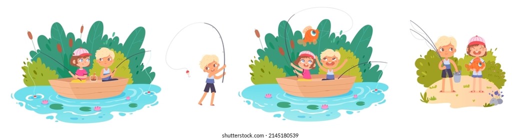 Cute kids fishing in river, pond or lake set vector illustration. Cartoon summer camp adventure of children, happy boy and girl sitting in boat and playing, scouts camping in nature isolated on white