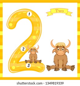 Cute kids Flash number two trace with 2 bulls for kids learning to count and write.