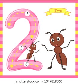 Cute kids Flash number two trace with 2 ants for kids learning to count and write.