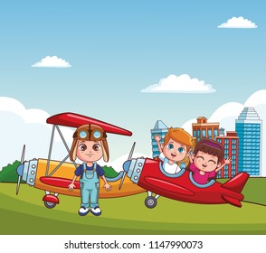 Cute kids flying cartoons