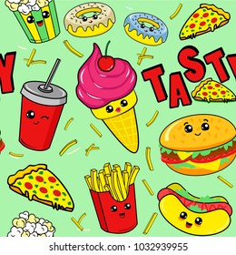 Cute kids food pattern for girls and boys. Colorful fast food on the abstract grunge background create a fun cartoon drawing. The food pattern is made in white colors. Urban pattern for textile.