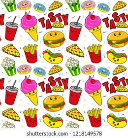 Cute kids food pattern for girls and boys. Colorful fast food on the abstract grunge background create a fun cartoon drawing. The food pattern is made in white colors. Urban pattern for textile.