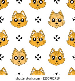 Cute kids fox pattern for girls and boys. Colorful fox on the abstract background create a fun cartoon drawing. The fox background is made in pastel colors. Urban pattern for textile and fabric.