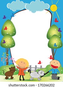 Cute kids frame with happy boy and girl