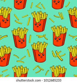 Cute kids french fries pattern for girls and boys. Colorful french fries on the abstract grunge background create a fun cartoon drawing.The pattern is made in neon colors. Urban french fries pattern