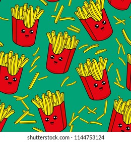 Cute kids french fries pattern for girls and boys. Colorful french fries on the abstract grunge background create a fun cartoon drawing.The pattern is made in neon colors. Urban french fries pattern
