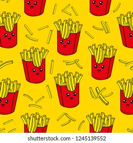 Cute kids french fries pattern for girls and boys. Colorful french fries on the abstract grunge background create a fun cartoon drawing.The pattern is made in neon colors. Urban french fries pattern