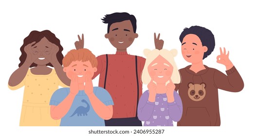 Cute kids friends with jokes and funny gestures standing together in green city park vector illustration. Cartoon multicultural group of happy children students laughing background. Friendship concept