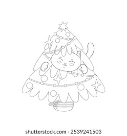 Cute kids funny holiday coloring book with  Christmas tree and cat. Simple shapes tree and animal for kids. Black and white vector illustration.