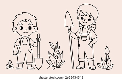 Cute Kids Gardening with Shovels. Outline boy and girl wearing overalls with garden tools. Isolated linear hand drawing. Springtime activity. Vector illustration