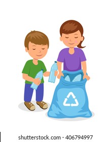 Cute kids to gathering plastic bottles in garbage bag. The concept of environmental protection. Isolated boy and girl characters volunteers.