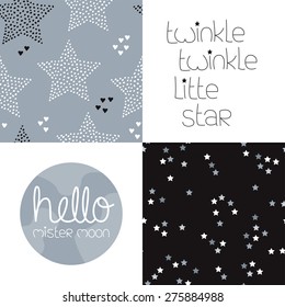 Cute kids gender neutral dreams and night theme with twinkle stars seamless background pattern and lettering wall decor design in vector