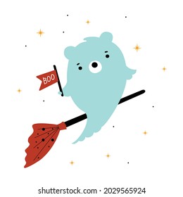 Cute kids ghost bear flying on a broom in the sky with stars and boo. Cute print for happy Halloween party. Ideal for card, poster, kids room decoration, clothing, nursery prints, anniversary, party. 