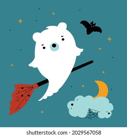 Cute kids ghost bear flying on a broom in the sky with bat and moon in the clouds. Cute print for happy Halloween party. Ideal for card, poster, kids room decoration, clothing, nursery print