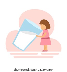 Cute kids girl drink fresh milk from giant glass in flat design. Children drink milk for good health concept vector illustration on white background.
