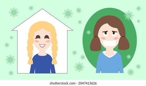 Cute kids, a girl at home without a mask and a girl in a public place or in a park wearing a mask vector.