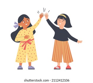 Cute kids girls smile and give each other high five, flat vector illustration isolated on white background. Happy preschooler children as symbol of friendship, diversity and togetherness.