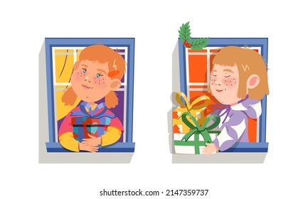 Cute kids giving or receiving gifts through opened window cartoon vector illustration