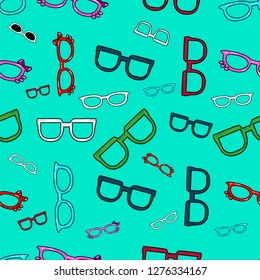 Cute kids glasses pattern for girls and boy. Colorful glasses on the abstract grunge background create a fun cartoon drawing. Pattern made in neon colors. Urban glasses backdrop for textile and fabric