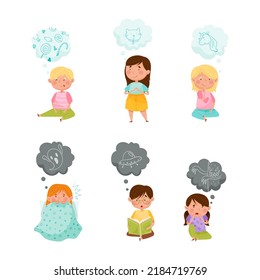 Cute kids with gloomy and positive thoughts in speech bubble set cartoon vector illustration