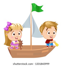 Cute kids go by sailing ship, boat. Blond girl holds steer, boy looks through a spyglass. Concept of startup, development, learning, mastering new, be on the same journey. Cartoon isolated on white.