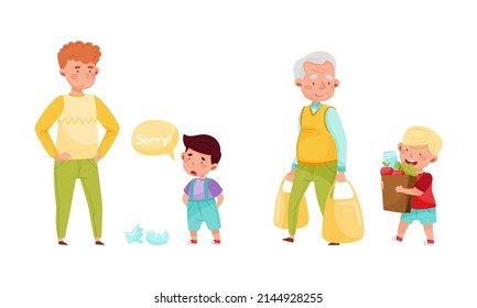 Cute kids with good manners set. Adorable boys helping to adults and apologising cartoon vector illustration