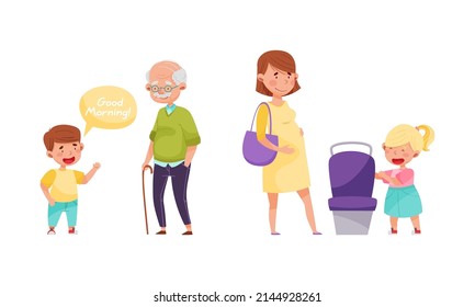 Cute kids with good manners set. Adorable boy and girl greeting and offering seat to woman cartoon vector illustration