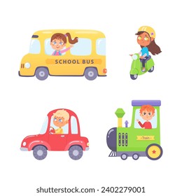 Cute kids ground transport set vector illustration. Cartoon driving children isolated on white background. Boys and girls going by car, scooter, train, school bus. City transportation infrastructure.