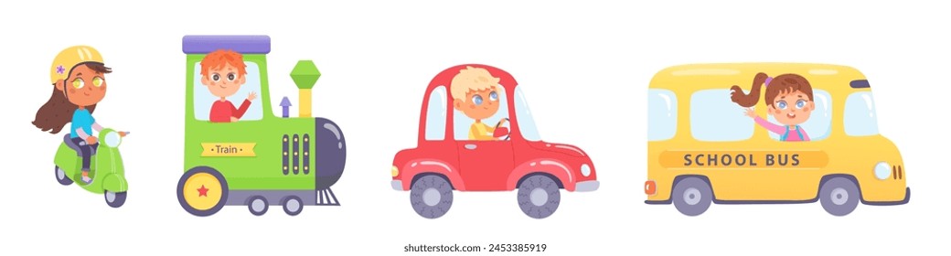 Cute kids ground transport set vector illustration. Cartoon driving children isolated on white background. Boys and girls going by car, scooter, train, school bus. City transportation infrastructure.