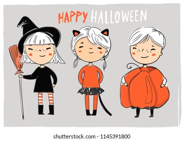 Cute kids in halloween costumes. Colored vector set. Grey background. All elements are isolated